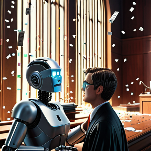 **Image Prompt:** A stylized courtroom scene depicting a robot lawyer arguing a copyright case before a judge. Confetti made of source code is falling. The robot lawyer has glowing eyes. Futuristic setting, art deco influences.