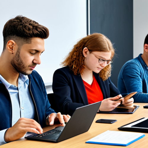 **

"A diverse group of students in a modern classroom setting, fully clothed in appropriate attire, some using tablets and laptops, others participating in a group discussion, safe for work, professional educational environment, perfect anatomy, correct proportions, natural pose, family-friendly learning atmosphere, well-formed hands, proper finger count, natural body proportions, high-quality rendering, digital art."

**
